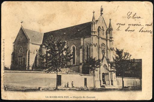 Le couvent des Ursulines de Chavagnes[-en-Paillers] : chapelle donnant sur le boulevard Briand (vues 1-3), choeur de la chapelle (vue 4), bâtiment conventuel [situé rue Haxo] (vue 5).